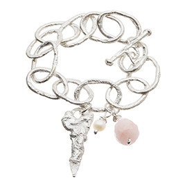 JR2RQ Melted chunky chain bracelet with large rose quartz and pearl