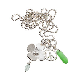 PL5B Flower and peace sign silver ball chain long necklace with aquamarine and sea glass