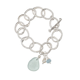 BHMT3G Melted chunky chain bracelet with sea glass, aquamarine and pearl