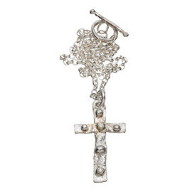 PRE2 Melted silver cross necklace with 2 gold nuggets and 2 diamonds