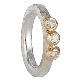 PRE4 Hammered silver ring with 3 gold nuggets and 3 diamonds