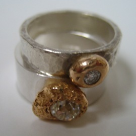 BC5 Hammered silver rings with upcycled diamonds set in 18ct gold nuggets