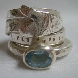 BC8 Melted and hammered silver rings with aquamarine, customised hand stamped message and melted heart