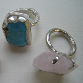 BC11 Melted silver rings set with rough chunks of semi precious stone